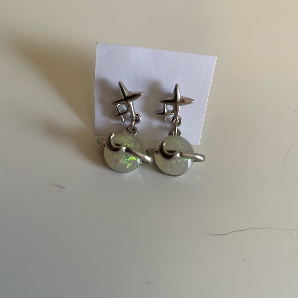 Silver Planet Dangle Earrings Iridescent White